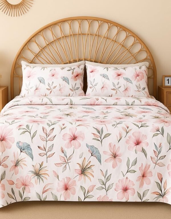 VAS COLLECTIONS Cloud Cotton Double Bedsheet 180 TC | Soft & Breathable Cotton Bedding Set with 2 Pillow Covers | Elegant Floral Printed Bed Sheet for Bedroom & Home | 90x90 Inches (Pink Flower)