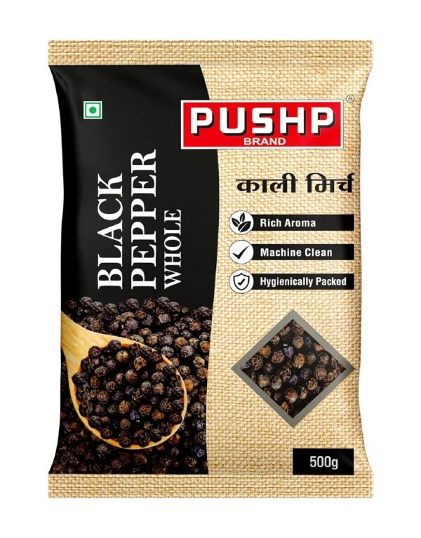 Pushp Brand Whole Black Pepper 500 g Pouch Premium Spices for Everyday Cooking Pure & Aromatic